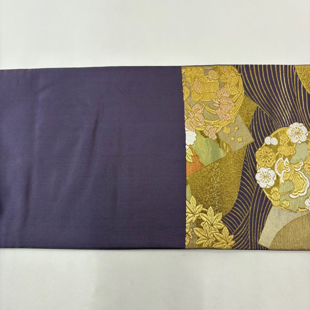 美品】 袋帯 逸品 川島織物 落款 花丸文 波 金糸 箔 紫 六通 正絹
