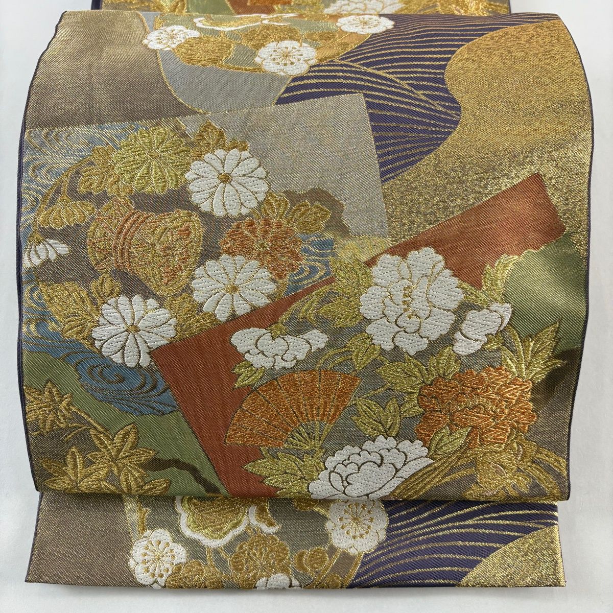 美品】 袋帯 逸品 川島織物 落款 花丸文 波 金糸 箔 紫 六通 正絹