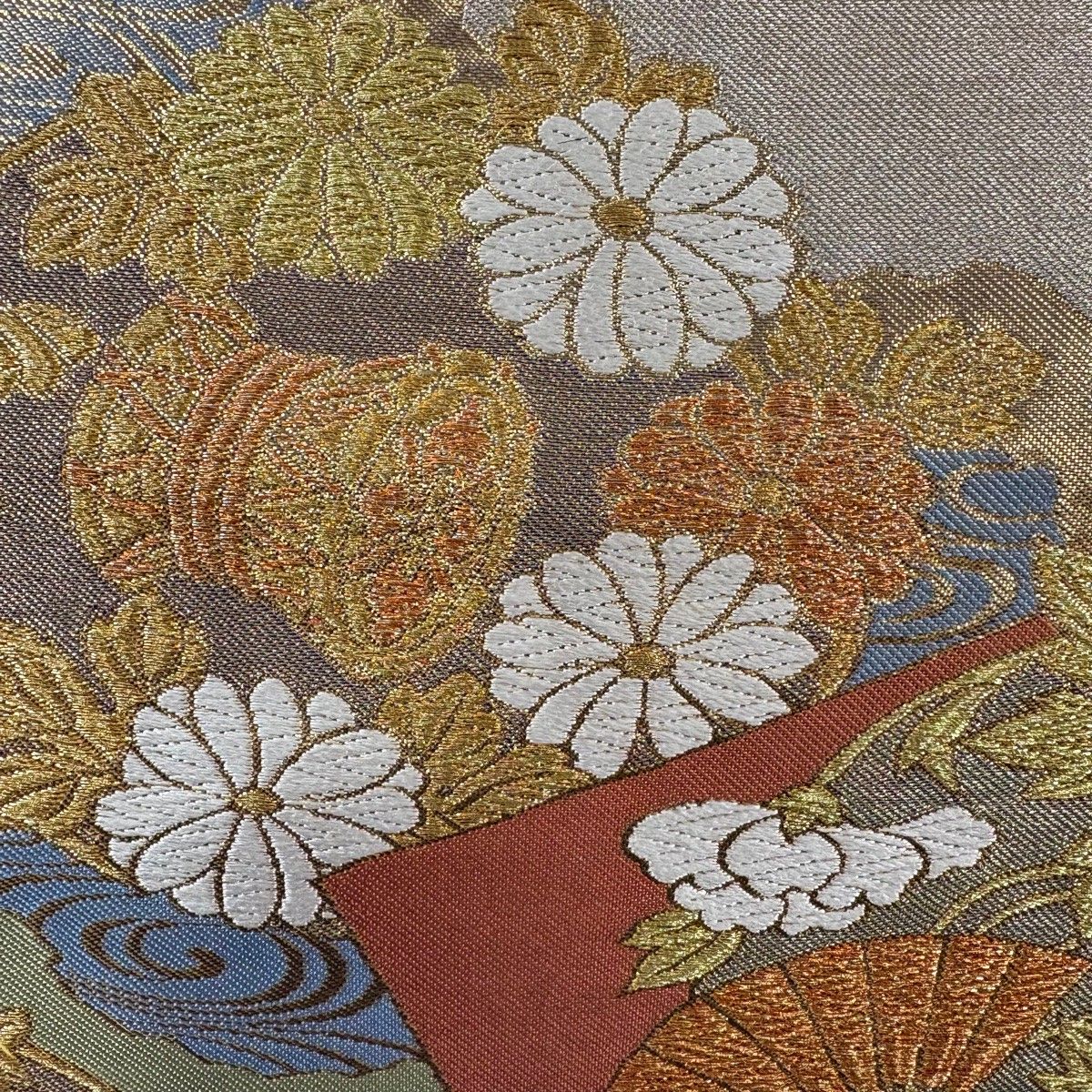 美品】 袋帯 逸品 川島織物 落款 花丸文 波 金糸 箔 紫 六通 正絹