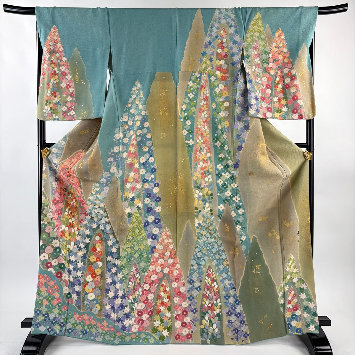 訪問着 身丈168.5cm 裄丈68.5cm L 袷 松井青々 落款 萩 草花 金糸 金銀 