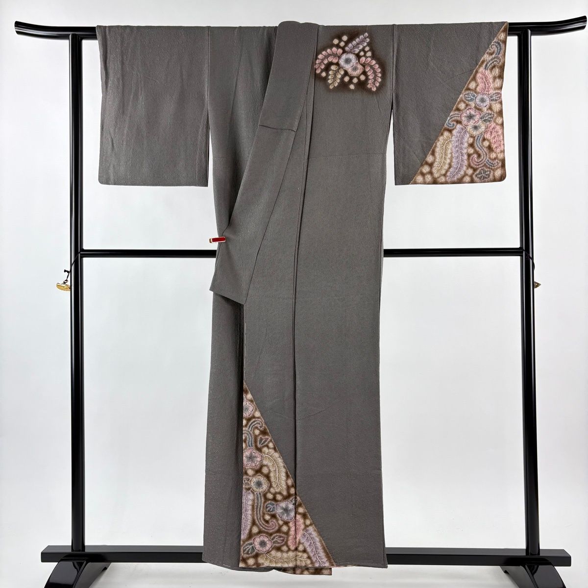 付下げ 身丈153.5cm 裄丈64.5cm M 袷 樋熊哲也 落款 辻が花 地紋 灰茶