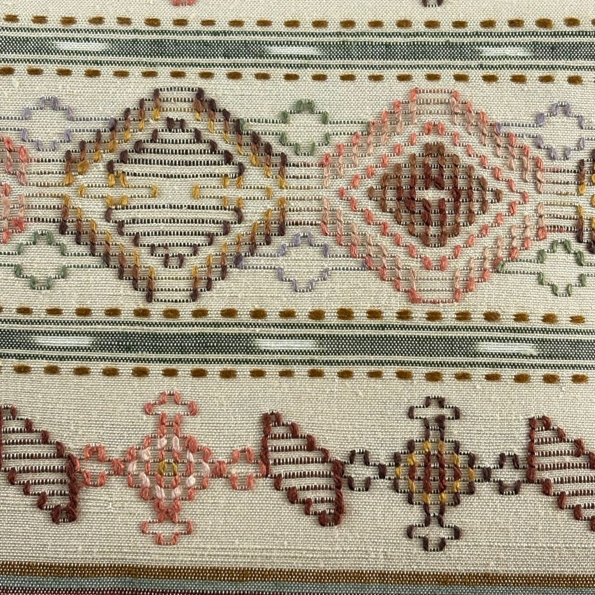 逸品 未使用品 名古屋帯 読谷山花織 茶色 カジュアル お洒落 正絹 美品】 名古屋帯 逸品 証紙 読谷山花織 草木染 縞 幾何学模様 ベージュ