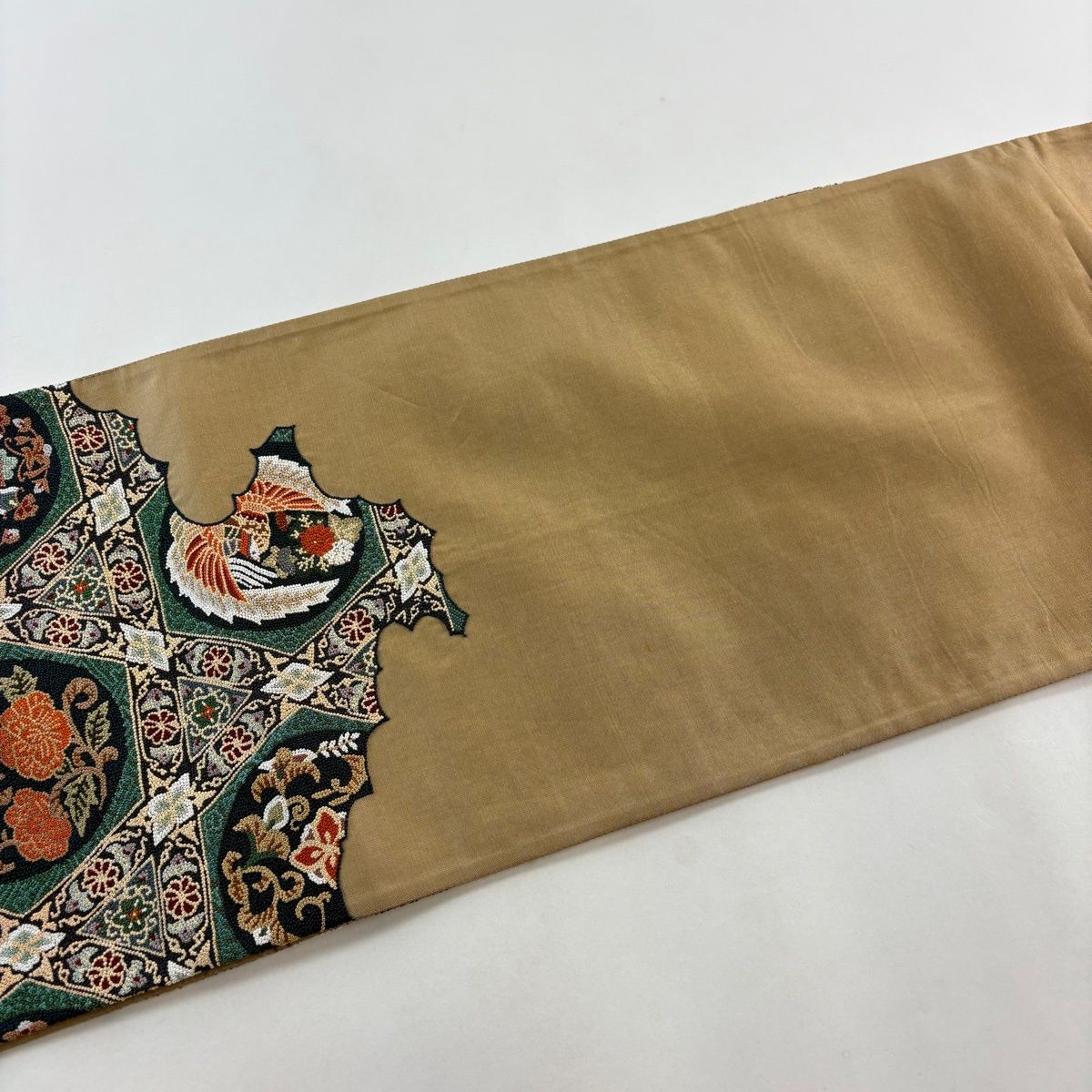 美品】 袋帯 逸品 鳳凰 華文 相良刺繍 金糸 緑 六通 正絹 【中古