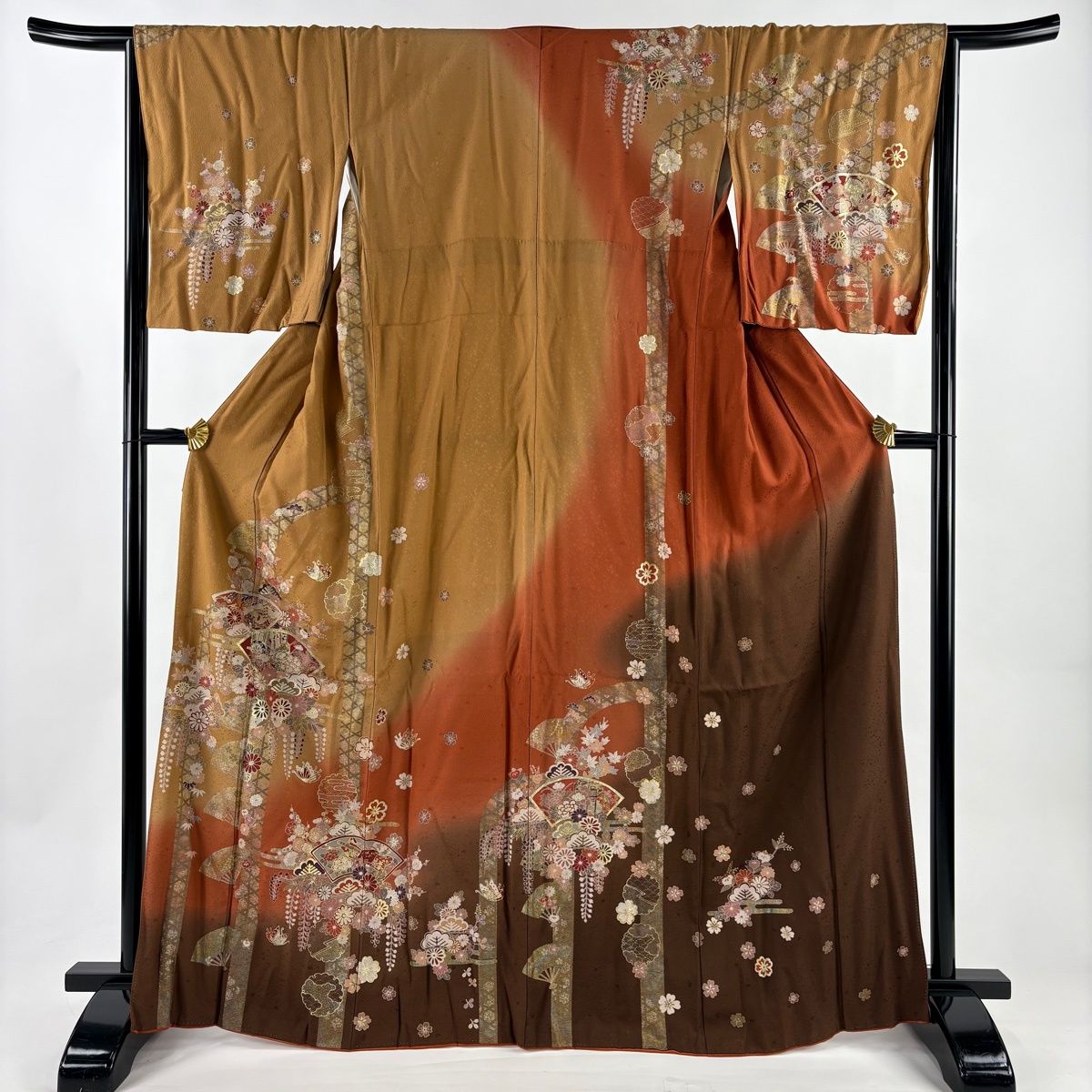 訪問着 身丈167cm 裄丈66cm M 袷 扇面 松竹梅 金彩 ぼかし 山吹茶色