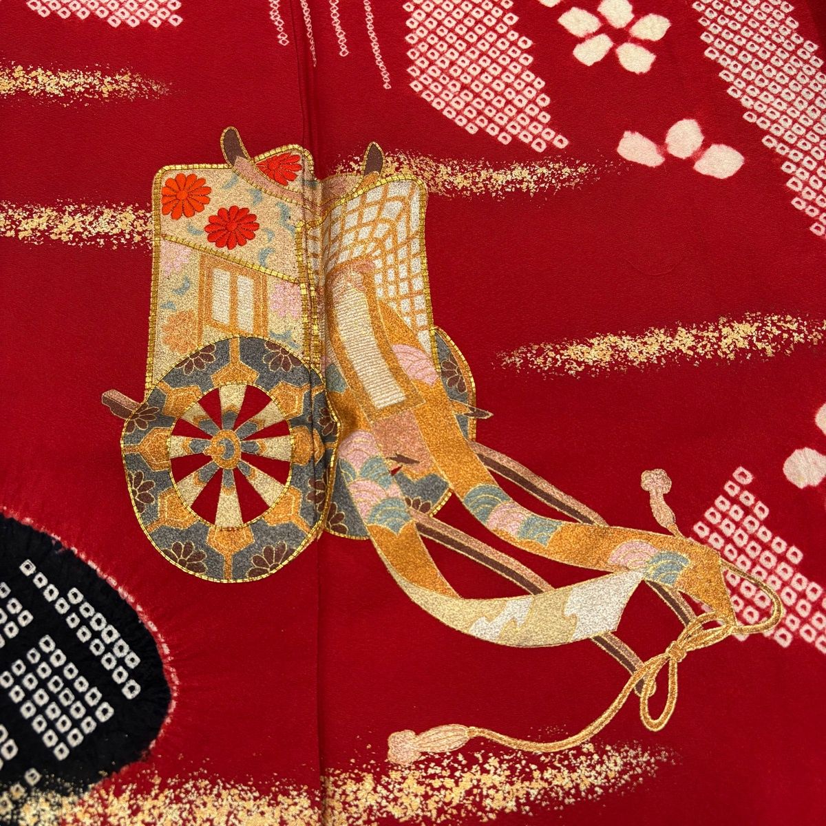 振袖 身丈171.5cm 裄丈68cm L 袷 御所車 花 金糸 絞り 赤 正絹 秀品