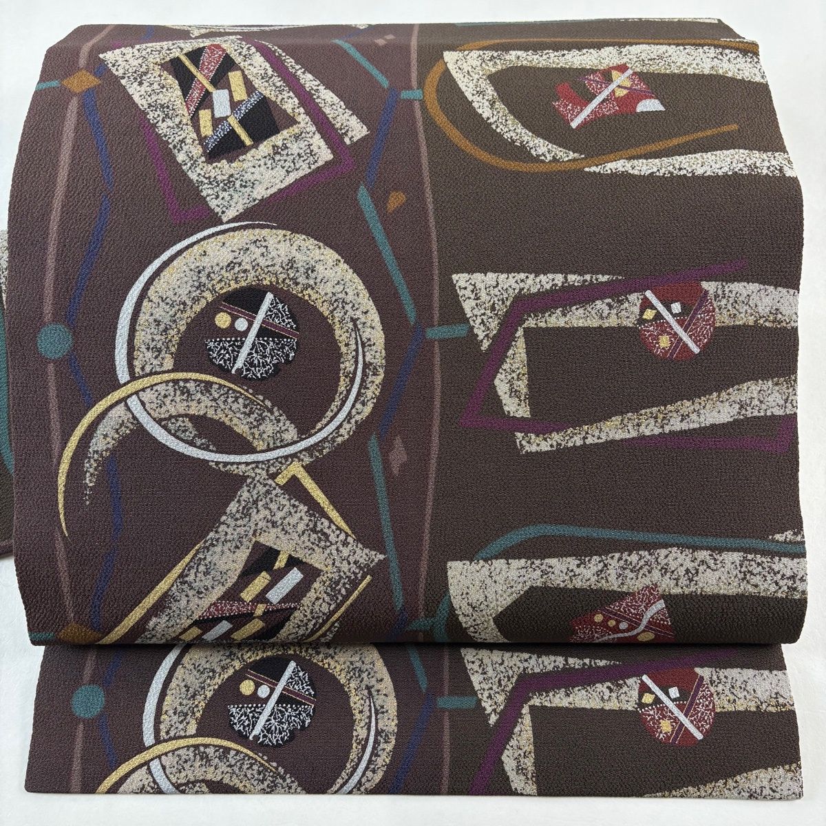 美品】 名古屋帯 秀品 幾何学模様 金銀彩 縮緬 焦茶色 正絹 【中古