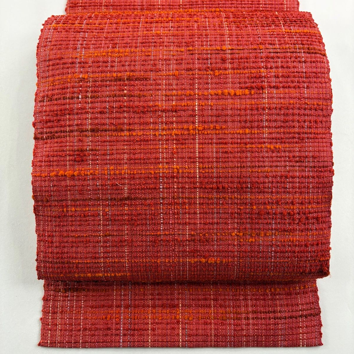 美品】 名古屋帯 秀品 八寸名古屋帯 松葉仕立て 幾何学模様 朱色 正絹