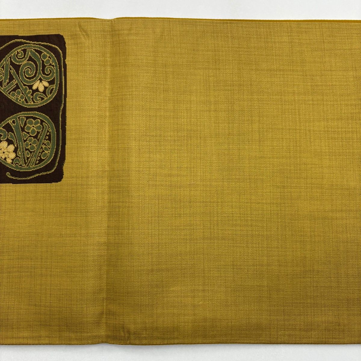 美品】 袋帯 秀品 紬地 草花 幾何学模様 黄土色 六通 正絹 【中古