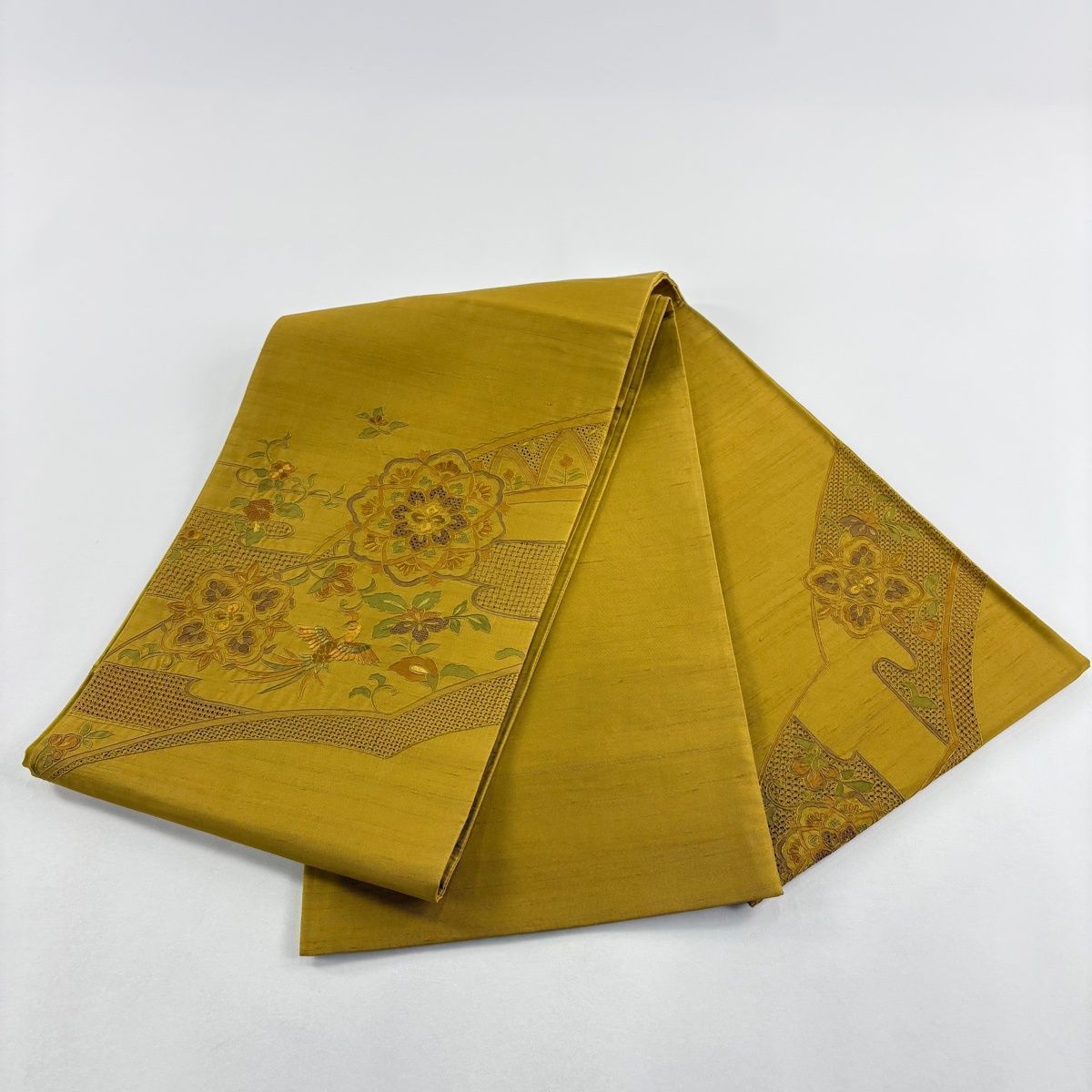 美品】 袋帯 秀品 紬地 華文 花鳥 刺繍 黄土色 お太鼓柄 正絹 【中古