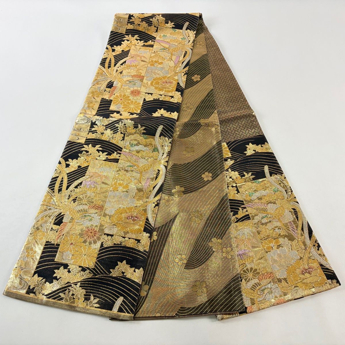 美品】 袋帯 秀品 振袖向き 短冊 鳳凰 箔 金銀糸 金色 六通 正絹