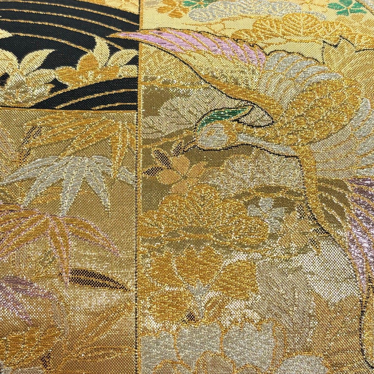 美品】 袋帯 秀品 振袖向き 短冊 鳳凰 箔 金銀糸 金色 六通 正絹