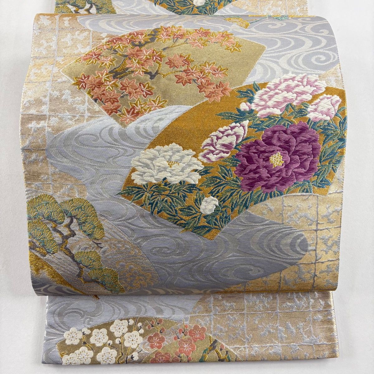 美品】 袋帯 秀品 じゅらく 落款 じゅらく帝王紫 扇面 牡丹 金糸 箔 青