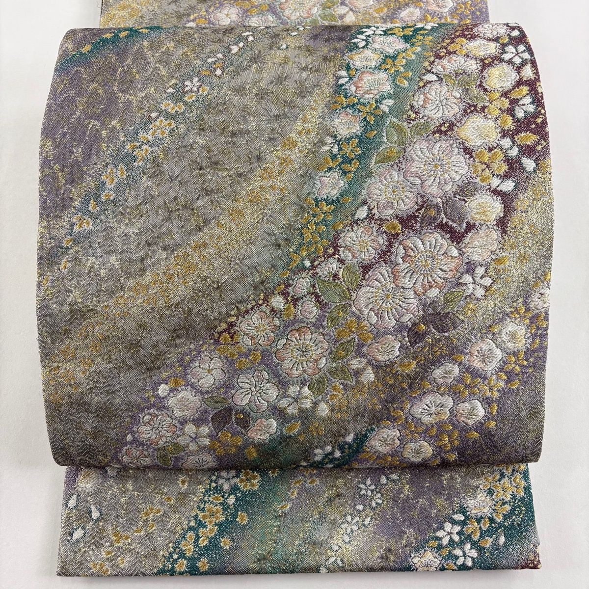 美品】 袋帯 秀品 やまと 辻が花柄 金銀糸 箔 灰紫 六通 正絹 【中古