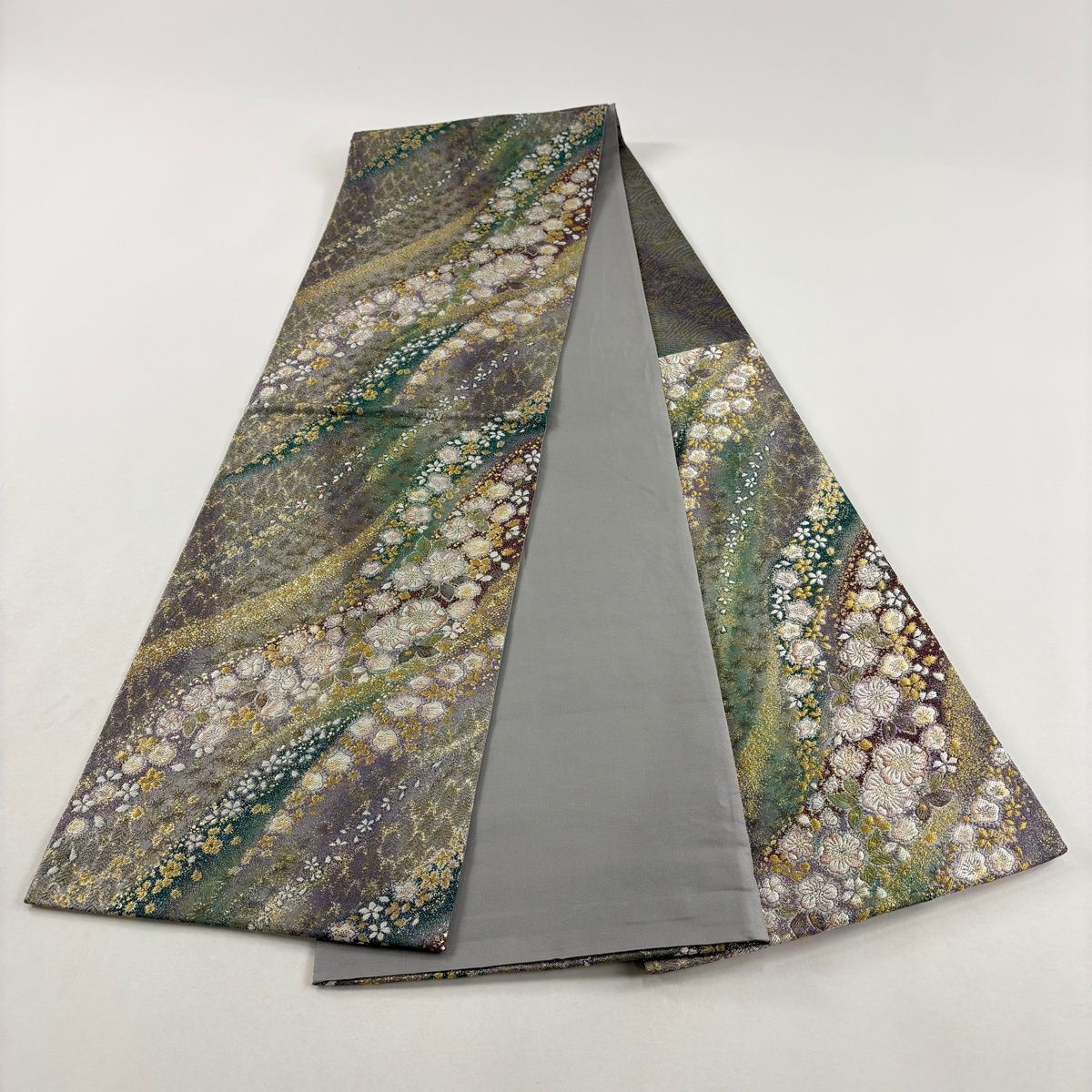 美品】 袋帯 秀品 やまと 辻が花柄 金銀糸 箔 灰紫 六通 正絹 【中古