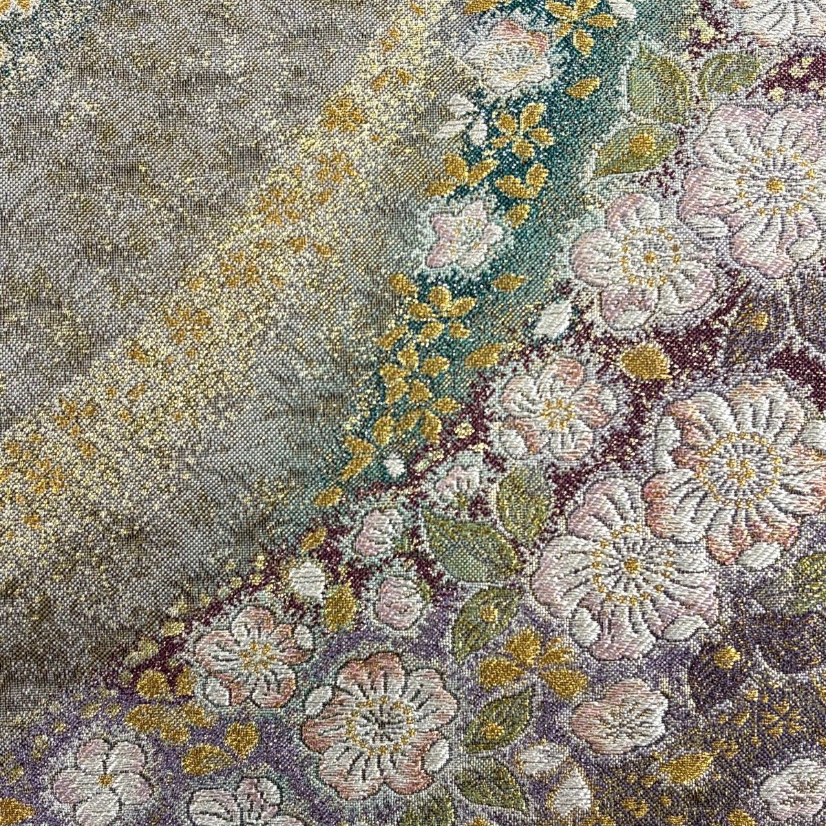 美品】 袋帯 秀品 やまと 辻が花柄 金銀糸 箔 灰紫 六通 正絹 【中古