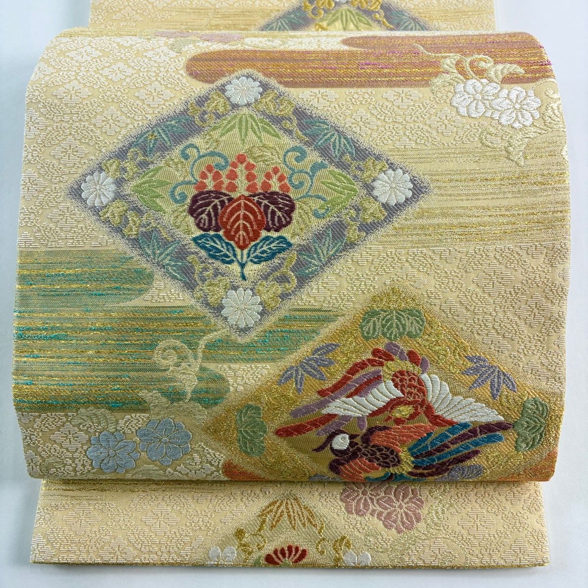 金糸刺繍 鳳凰 袋帯 美品】 袋帯 秀品 桐竹鳳凰 霞 刺繍 金糸 薄黄土色 六通 正絹 【中古