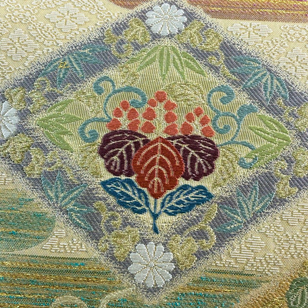 美品】 袋帯 秀品 桐竹鳳凰 霞 刺繍 金糸 薄黄土色 六通 正絹 【中古