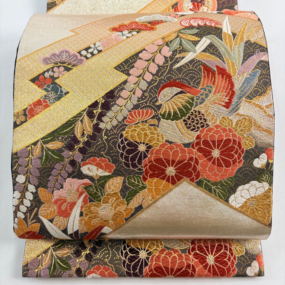 袋帯 秀品 草花 鴛鴦 刺繍 金銀糸 銀色 六通 正絹 【中古】 - メルカリ