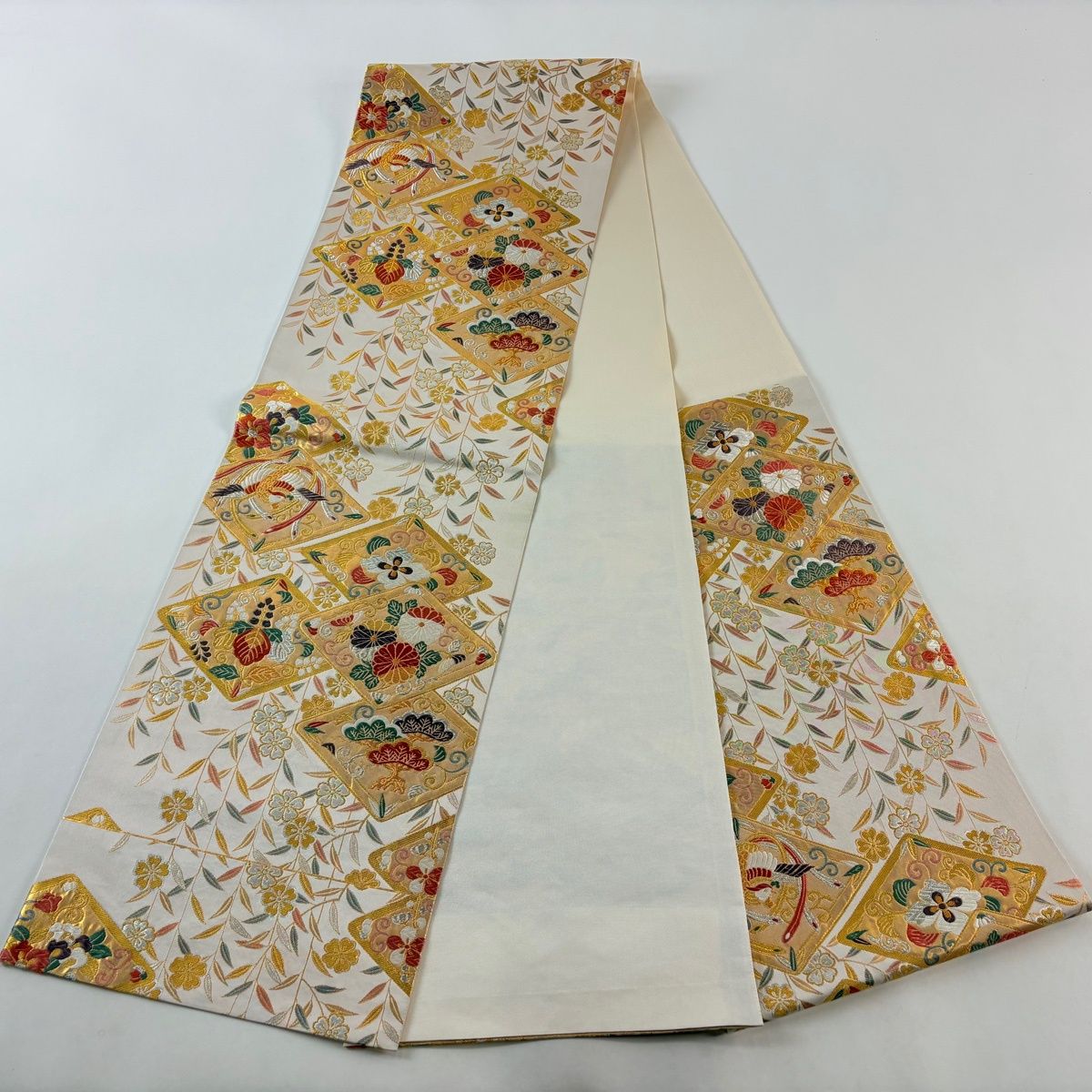 袋帯鳳凰柄美品金糸入り 美品】 袋帯 秀品 桐竹鳳凰 菊 刺繍 金銀糸 ピンクベージュ 六通 正絹