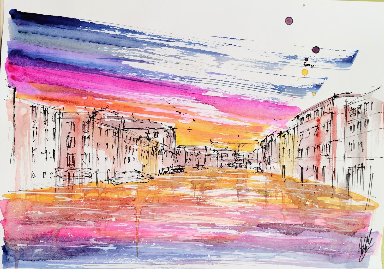 原画#106 夕暮れ ベネチア 水彩画 ドローイング インテリア アート