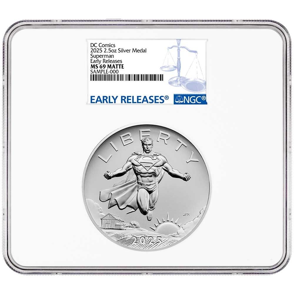 レア‼️2018年 シルバーシールド 限定 プルーフラメダル 、認証書付き。 2025年 スーパーマン DCコミックス 2.5オンス シルバーメダル NGC MS69