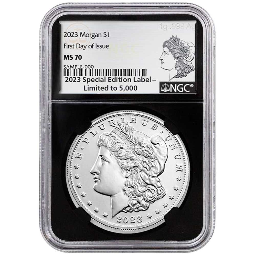 2023年 1ドル モルガン銀貨 NGC MS70 発行初日 .999 シルバーラベル