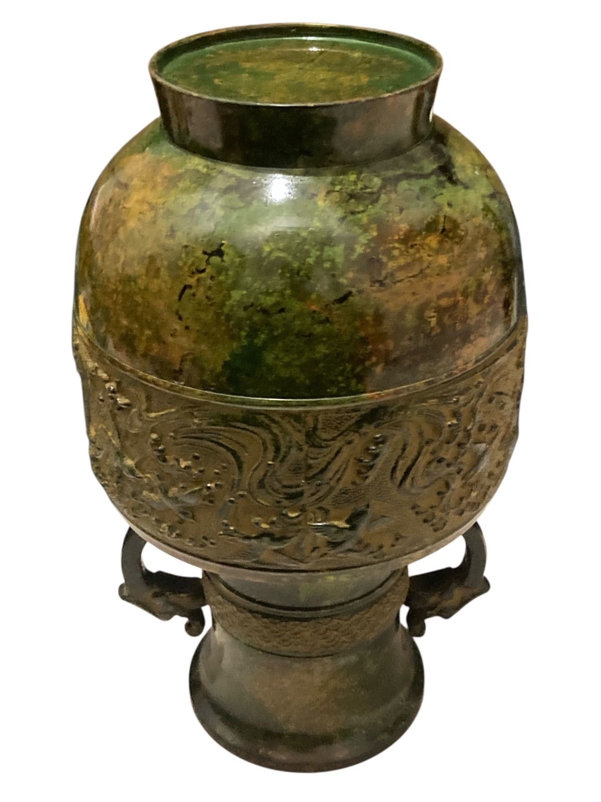 日本 伝統工芸品 高岡銅器 花瓶 峰雲 鋳銅製 双耳 双龍文獣耳 花器