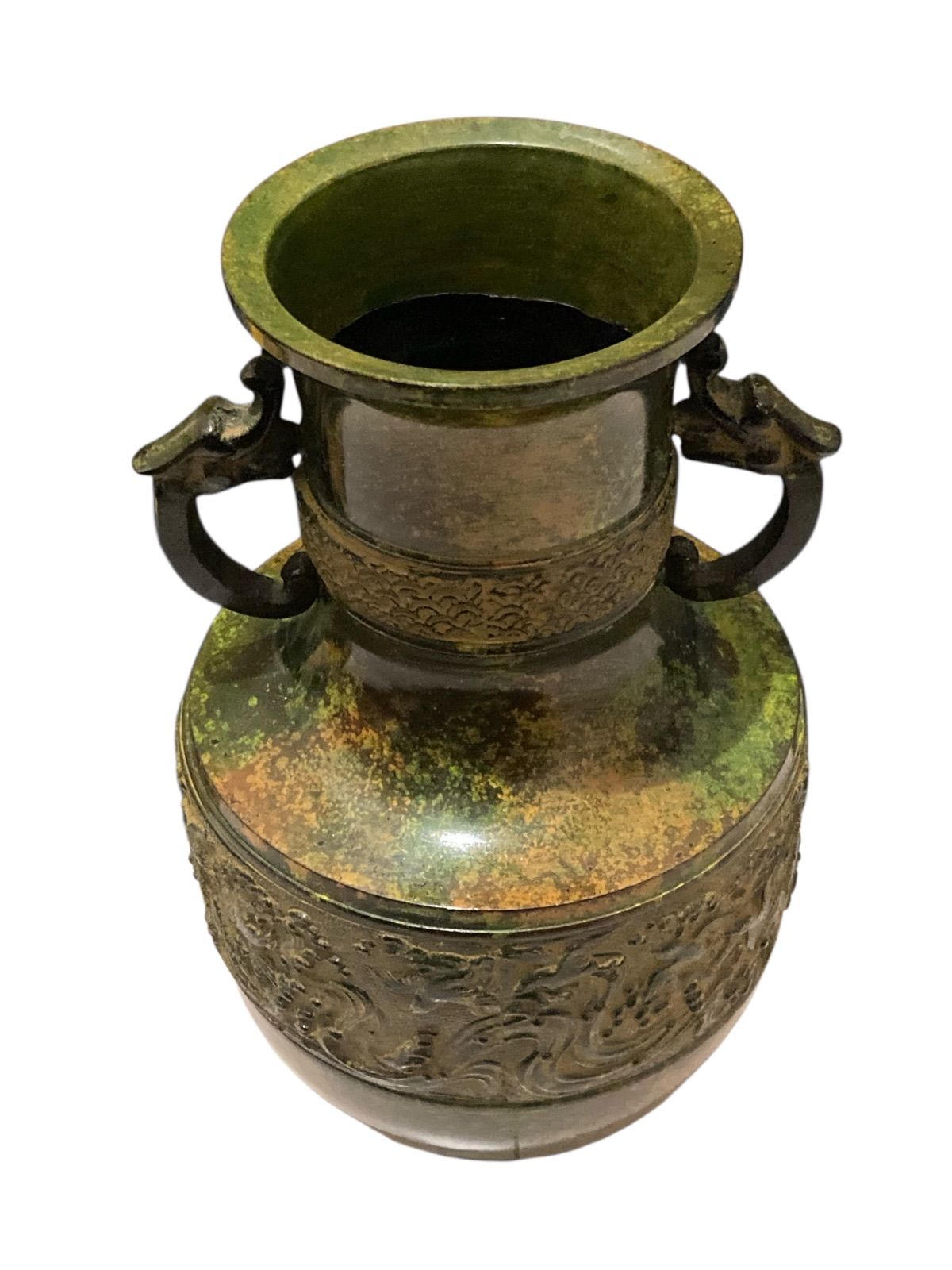 銅瓶　古美術　工芸品　骨董品 日本 伝統工芸品 高岡銅器 花瓶 峰雲 鋳銅製 双耳 双龍文獣耳 花器