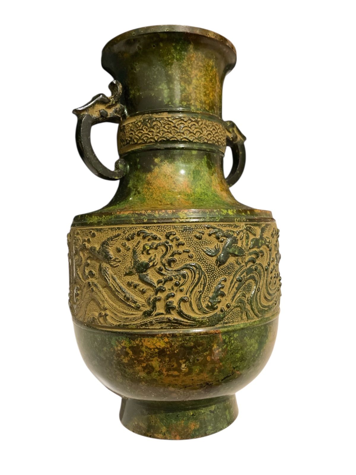 日本 伝統工芸品 高岡銅器 花瓶 峰雲 鋳銅製 双耳 双龍文獣耳 花器