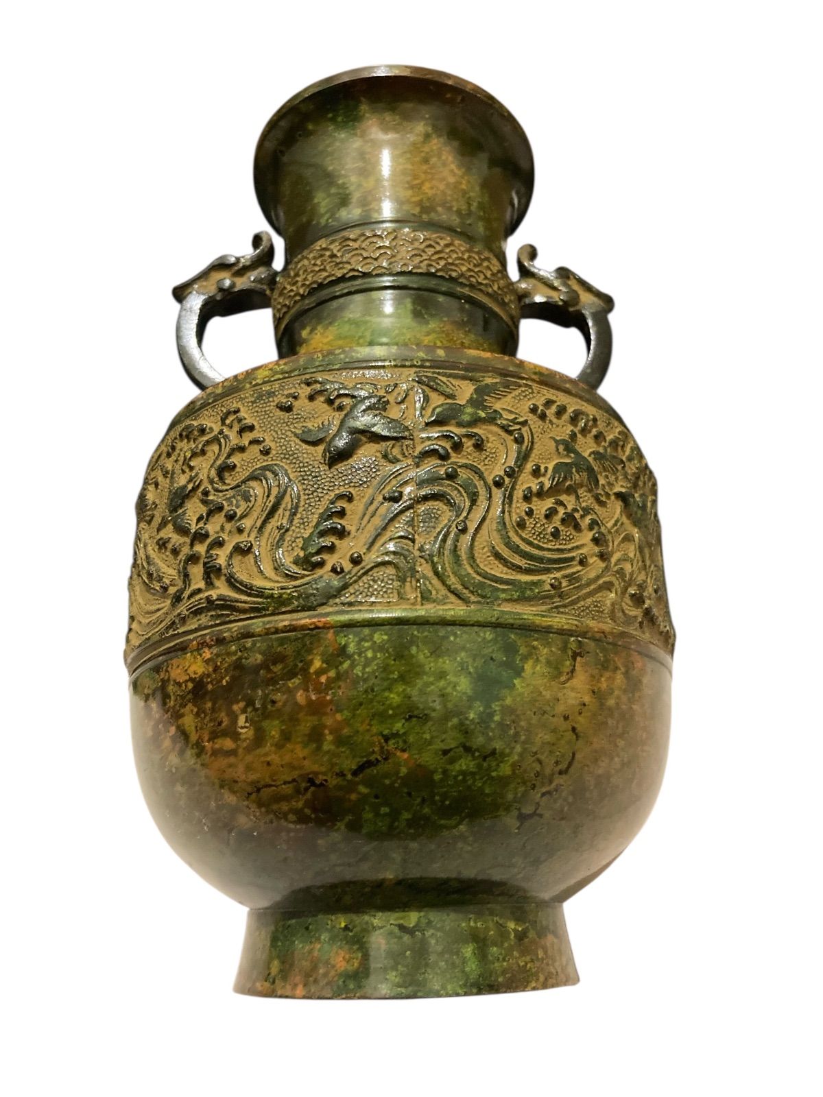 日本 伝統工芸品 高岡銅器 花瓶 峰雲 鋳銅製 双耳 双龍文獣耳 花器