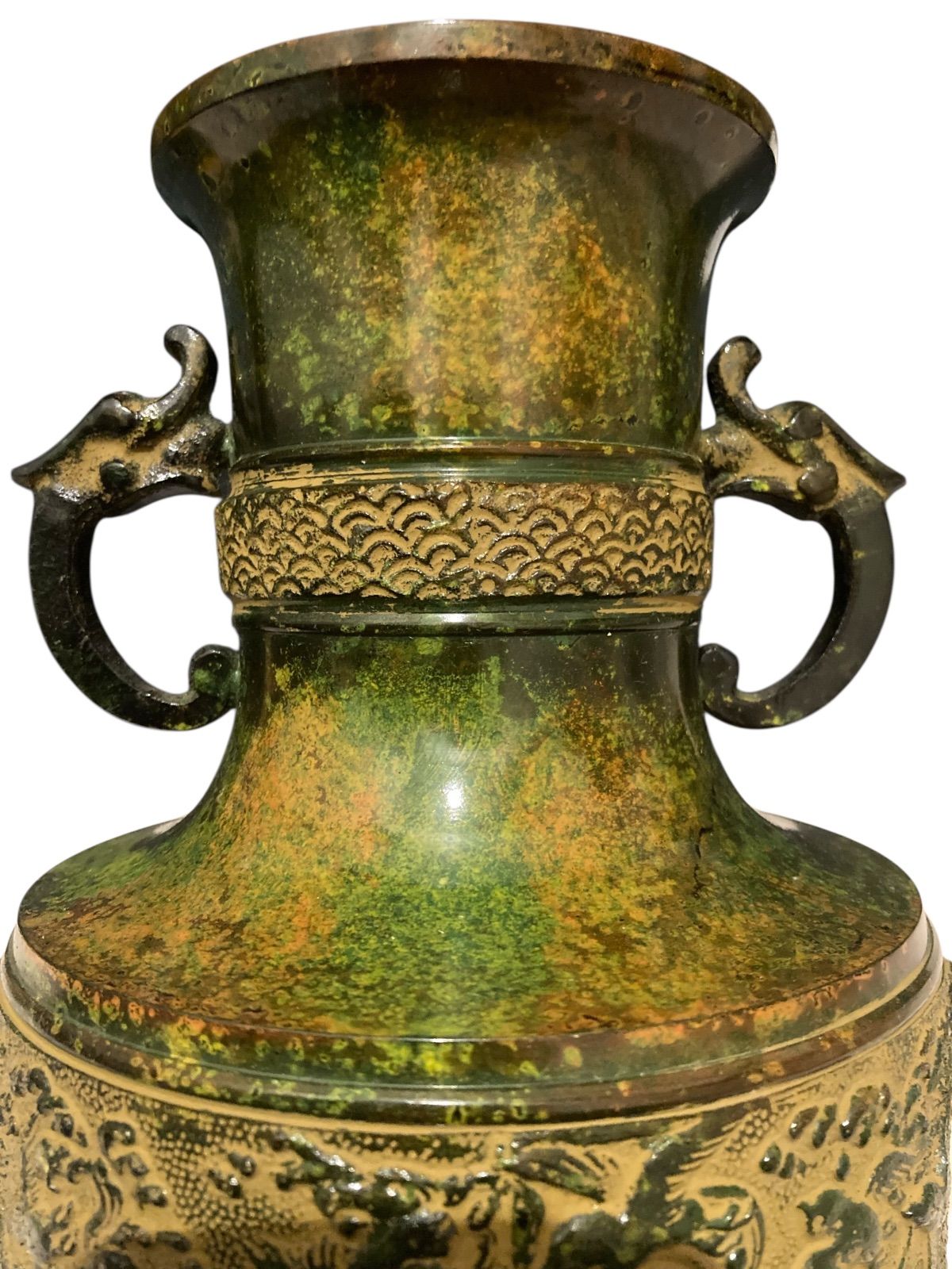 古い耳付高岡天龍銅器花瓶/茶華道活花飾/伝統工芸鋳物饕餮文様/吉祥赤銅龍泉堂在銘 m67804150077_1.jpg?1758457190