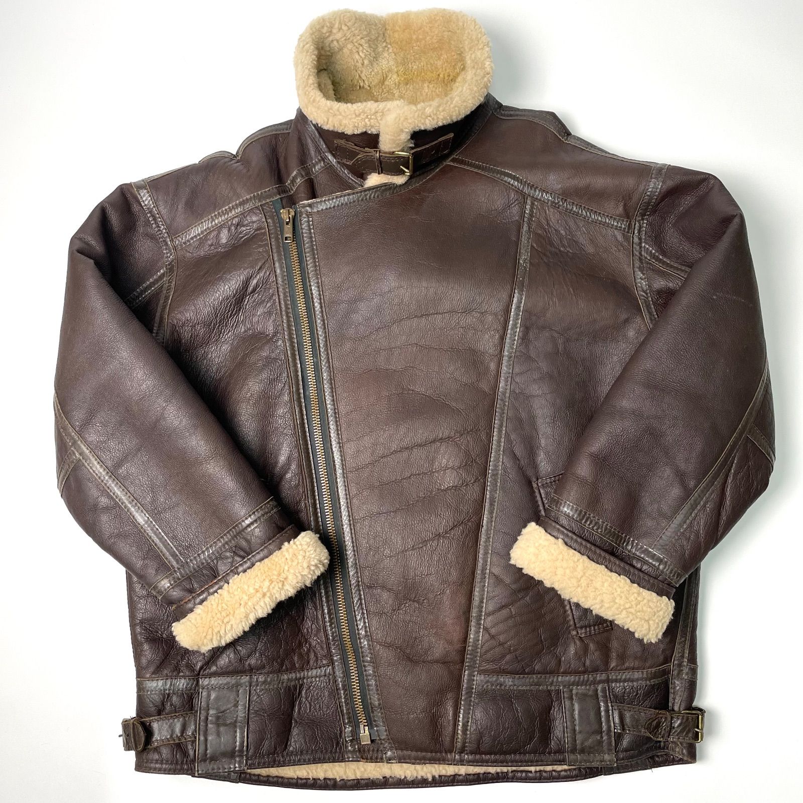 リアルムートンジャケット ダブルライダース ボア ブラウン 羊革 リアルムートンジャケット ダブルライダース ボア ブラウン 羊革