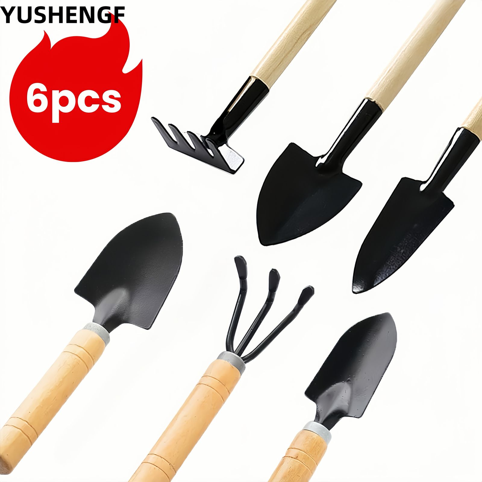 ミニ園芸ツール6点セット】 植え付け/土ほぐし/掘削に！ 木製ハンドル