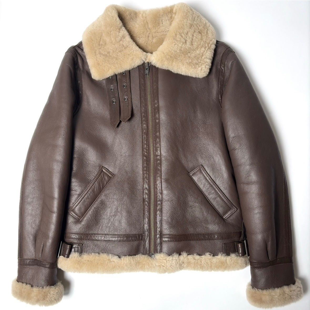 羊毛革】Haruf ムートンジャケット B-3 茶 M ボア ボマー フライト