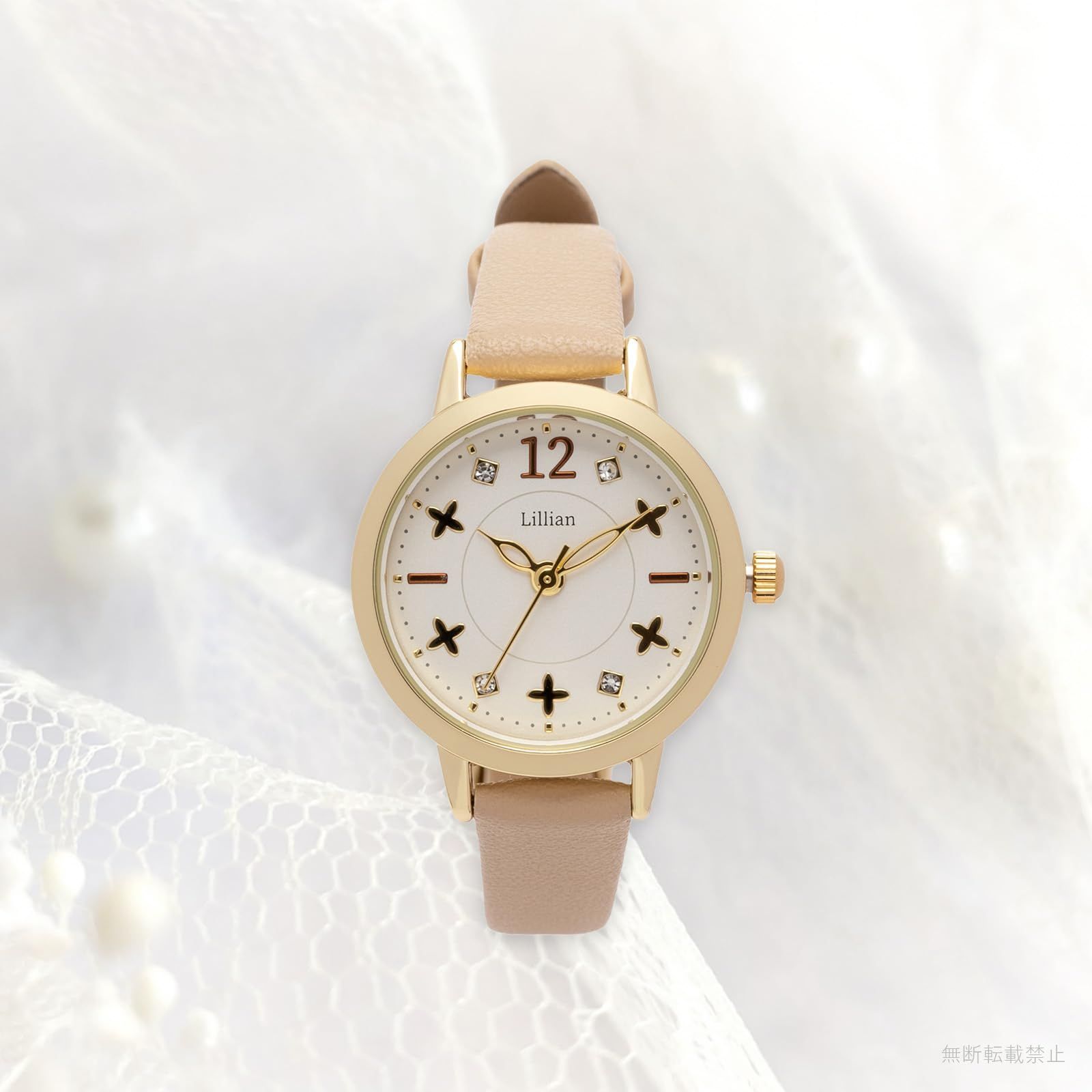 数量限定】ベージュ 花 センニン ストーン ダイアル 革ベルト アナログ