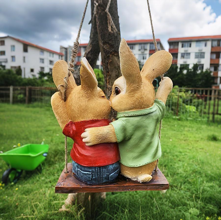ウサギのカップル像 樹脂製 高さ26cm iRonrain ガーデン スイングウサギのカップル像 かわいいぶら下がり