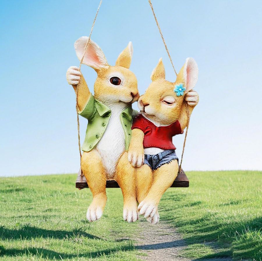 ウサギのカップル像 樹脂製 高さ26cm iRonrain ガーデン スイングウサギのカップル像 かわいいぶら下がり