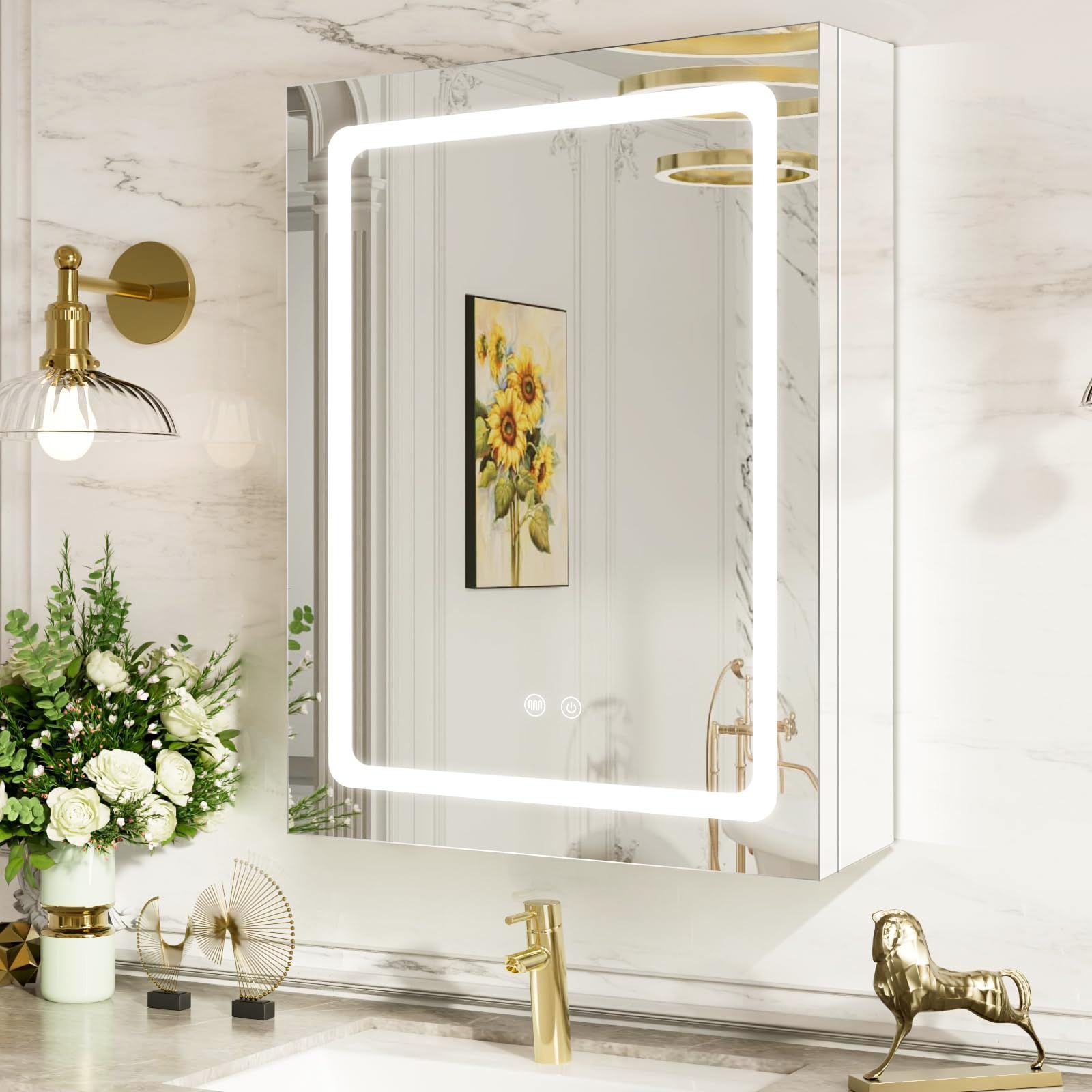 LEDバスルームミラーキャビネット3つの色温度、明るさ調節可能、防曇