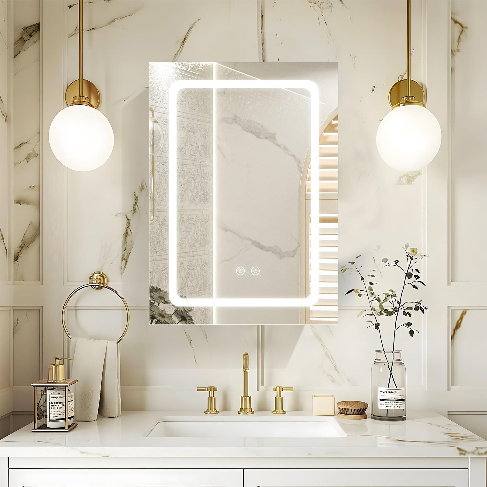 LEDバスルームミラーキャビネット3つの色温度、明るさ調節可能、防曇