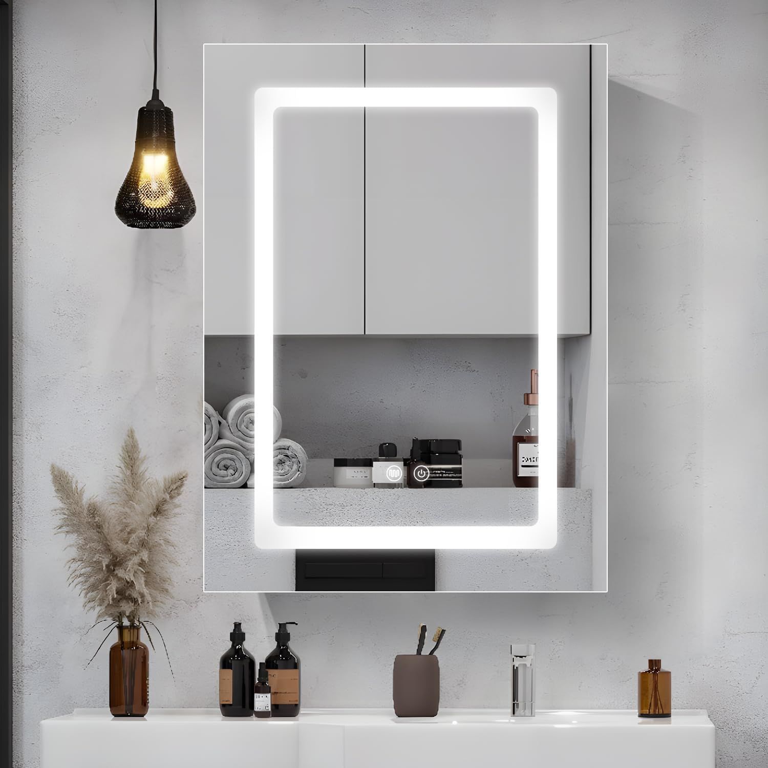 LEDバスルームミラーキャビネット3つの色温度、明るさ調節可能、防曇