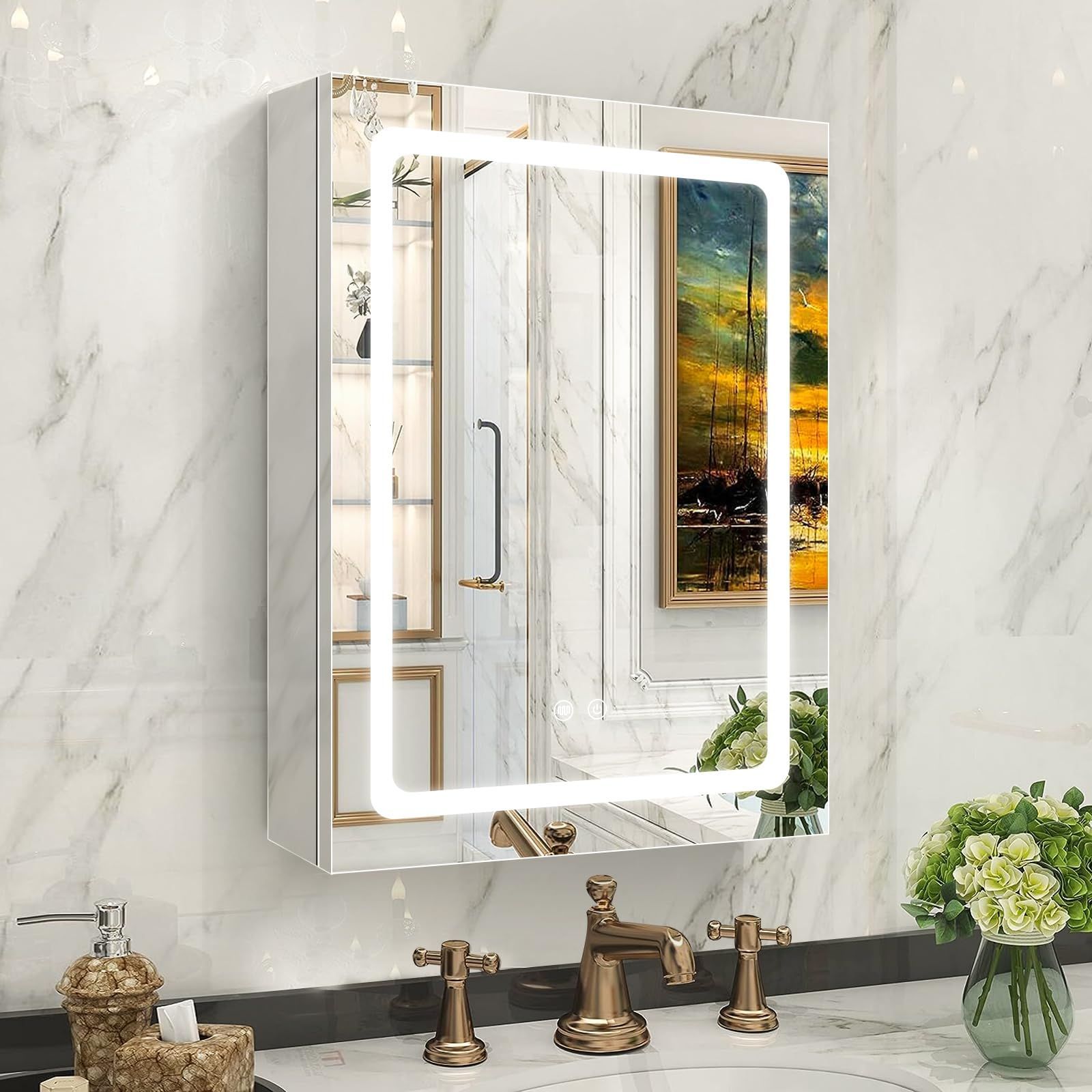 LEDバスルームミラーキャビネット3つの色温度、明るさ調節可能、防曇