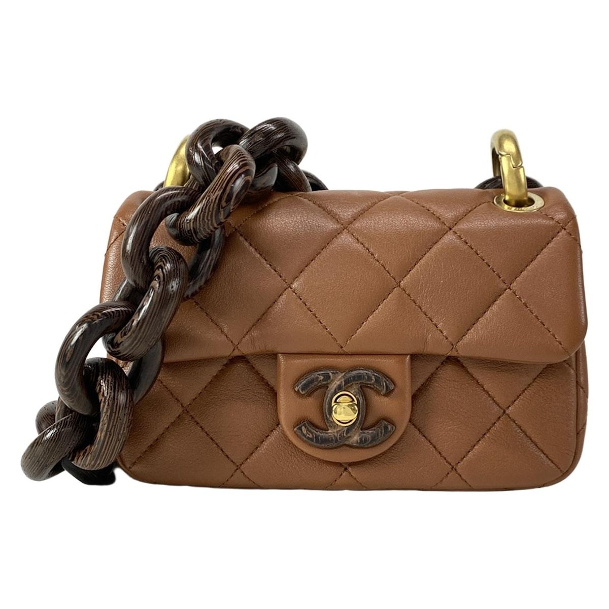 良品 シャネル ロゴ レザー ショルダー バッグ フラップ ブラウン 茶色 シャネル ショルダーバッグ美品 マトラッセ17/ミニ ブラウン ウッド