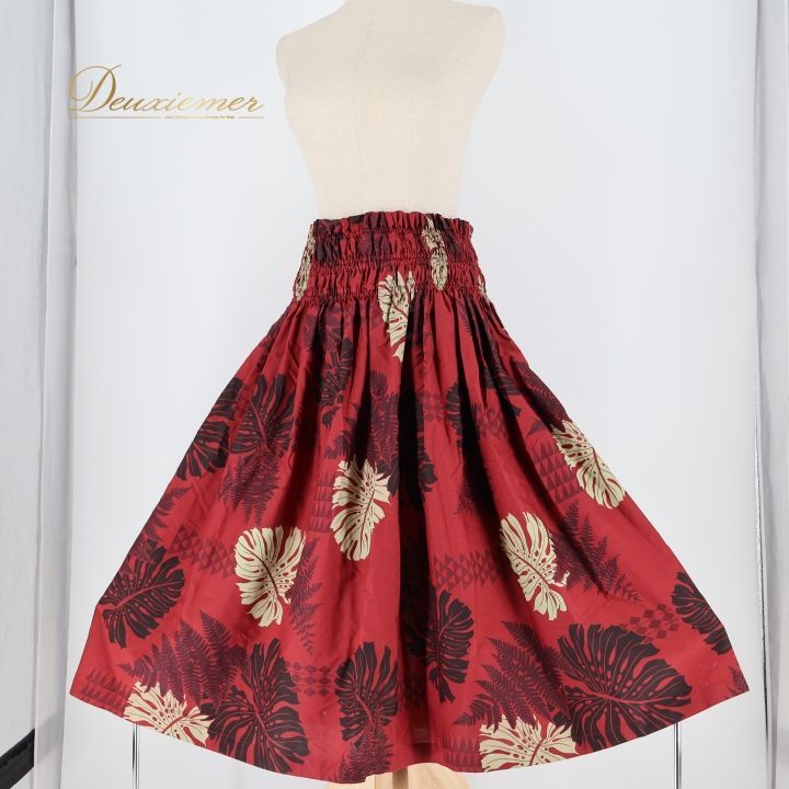 【フラダンス衣装】レッド Lae パウスカート 赤 金 白 茶 モンステラ柄 フラダンス衣装】レッド Lae パウスカート 赤 金 白 茶 モンステラ柄
