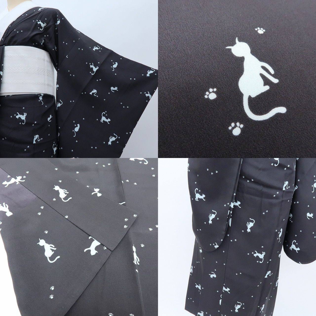 百華❀Y4271◇単衣 正絹 袖無双 半襟付 手縫い仕立て 猫×肉球 長襦袢