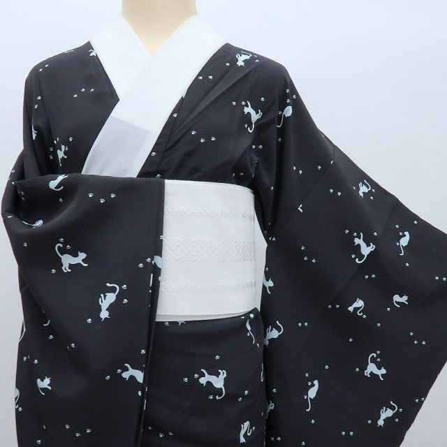 百華❀Y4271◇単衣 正絹 袖無双 半襟付 手縫い仕立て 猫×肉球 長襦袢