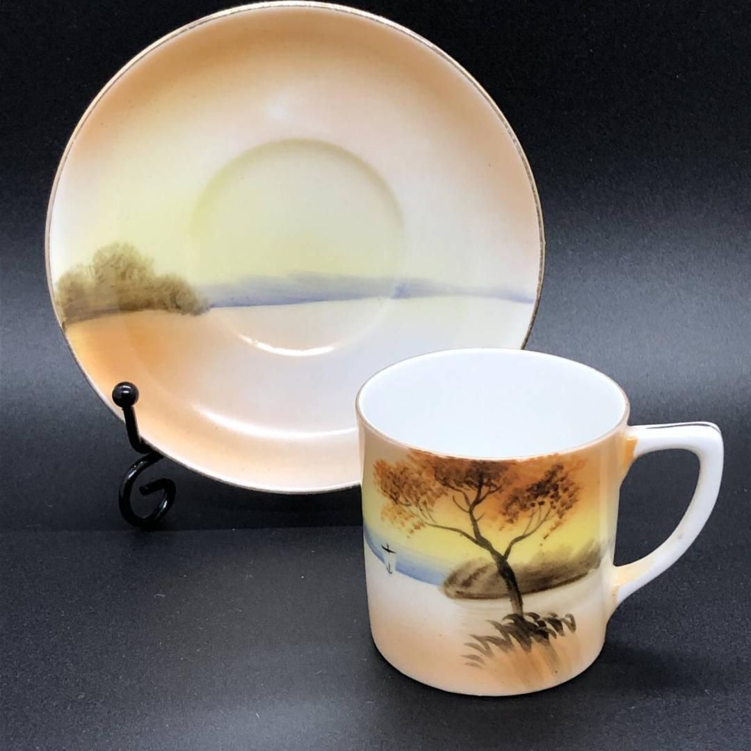 オールドノリタケ 夕暮 湖畔風景 デミタス カップ＆ソーサー マルキ印