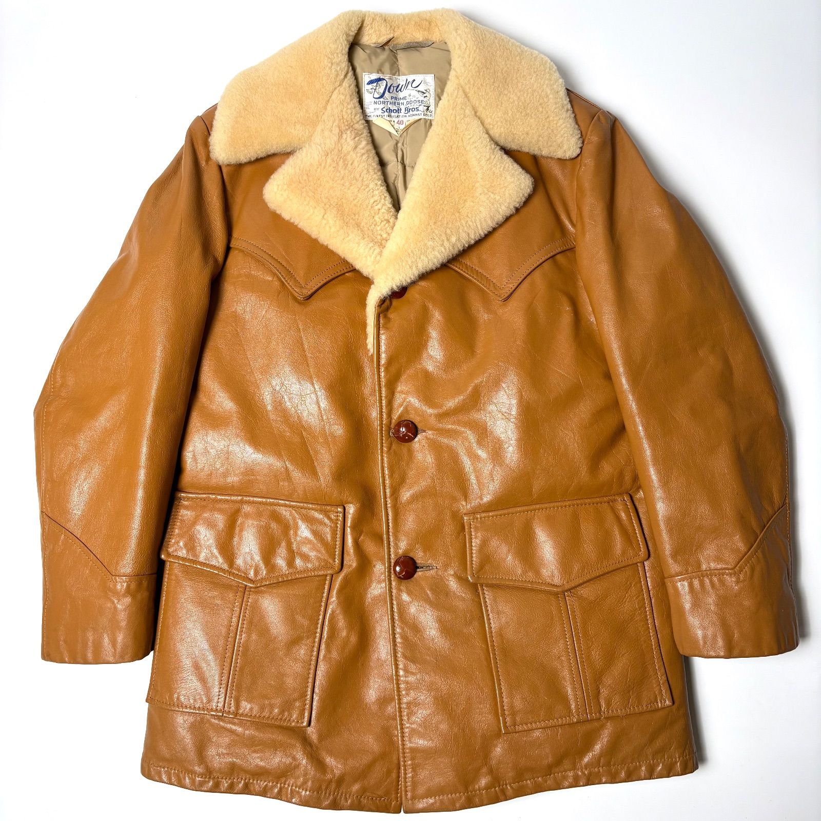 西泊商店 ✨schott ショット 羊革ムートンジャケット 希少キャメル 米国製】Schott レザージャケット キャメル 40 ダウン 襟ムートン