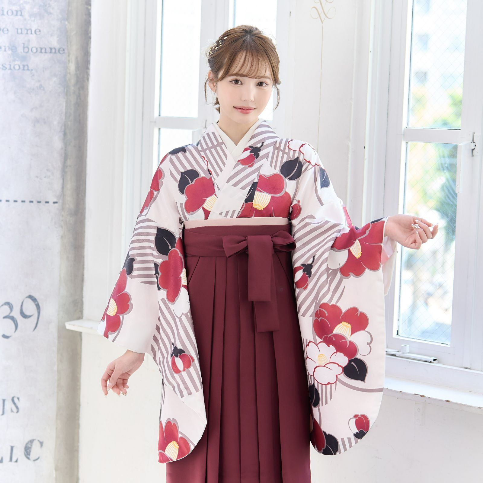 袴4点セット 卒業式 小学生 から 大学生 SS S M L LL 謝恩会 清楚 二尺袖着物 下帯 袴 はかま 華やか かわいい 袴セット セット エンジ 椿柄 ブラウン 8 EJ BR