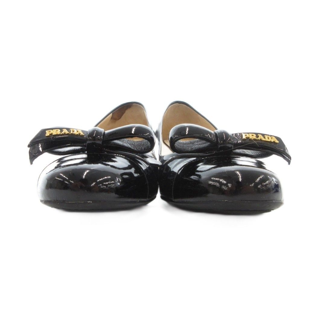 プラダ PRADA パンプス 36 シューズ ローヒール リボン エナメル ロゴ
