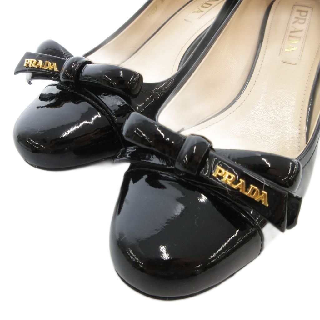 プラダ PRADA パンプス 36 シューズ ローヒール リボン エナメル ロゴ